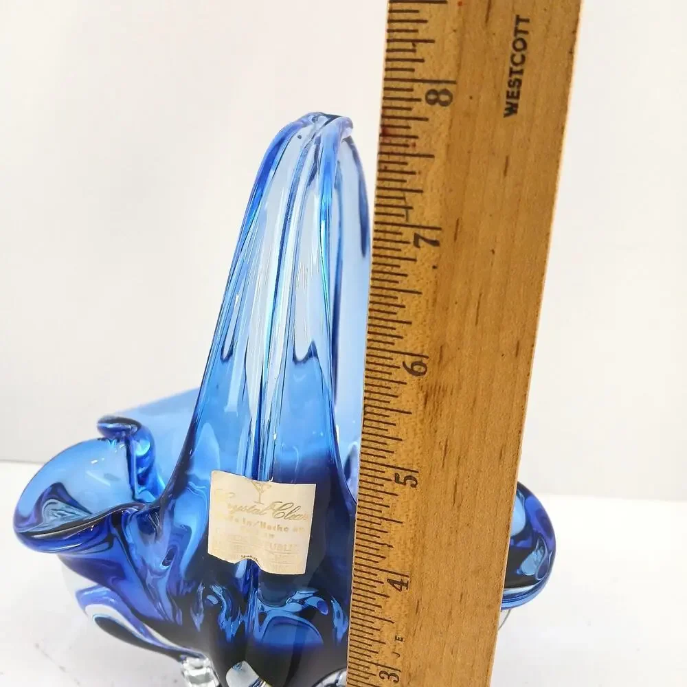 Crystal Clear Basket Hand Blown Art Glass Blue/Pink 7.5